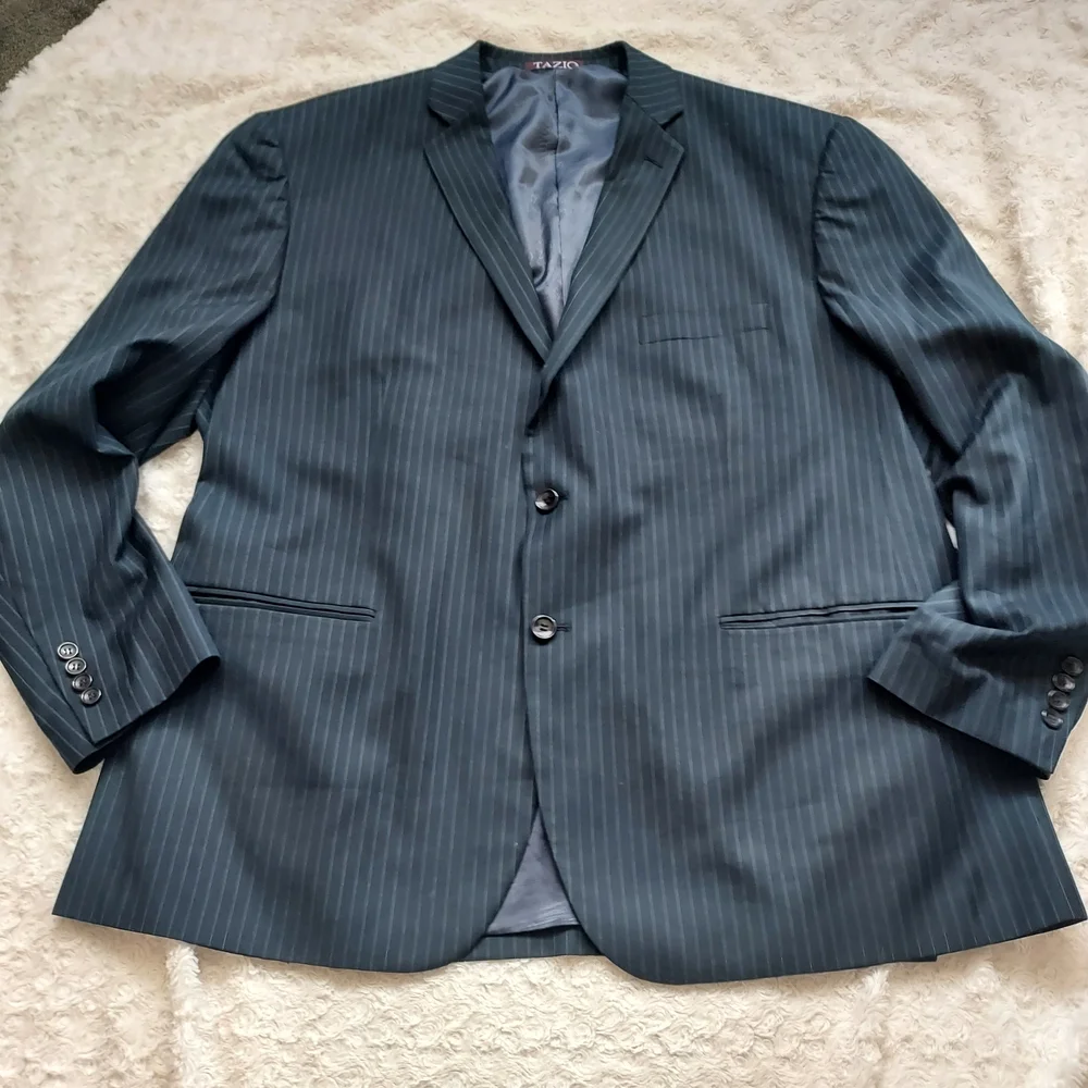 Tazio Italy Hand Tailored Navy Pinstripe Blazer Suit Jacket 52R Office Church